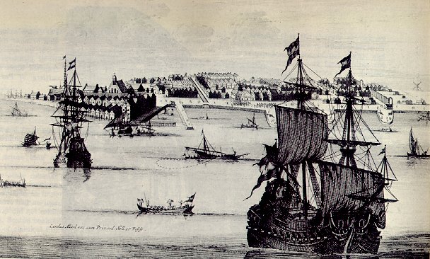 The port of New York in the early 18th century. An excellent natural harbor established this colony's leading position among the commercial centers of the new world.