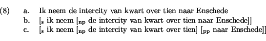 \exi.
\a. Ik neem de intercity van kwart over tien naar Enschede
\b. [s ik neem...
...]]
\c. [s ik neem [np de intercity van kwart over tien] [pp naar Enschede]]
\par