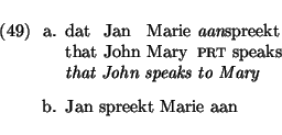 \eenumsentence{
\item
\shortex{6}
{ dat & Jan & Marie & {\em aan}spreekt}
{ tha...
... {\sc prt} speaks}
{\em that John speaks to Mary}
\item
Jan spreekt Marie aan
}