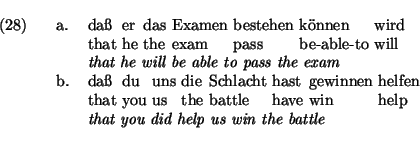 \ex.
\ag.
da{\ss} er das Examen bestehen k\uml onnen wird\\
that he the exam pa...
...ou us the battle have win help\\
{\em that you did help us win the battle}
\par