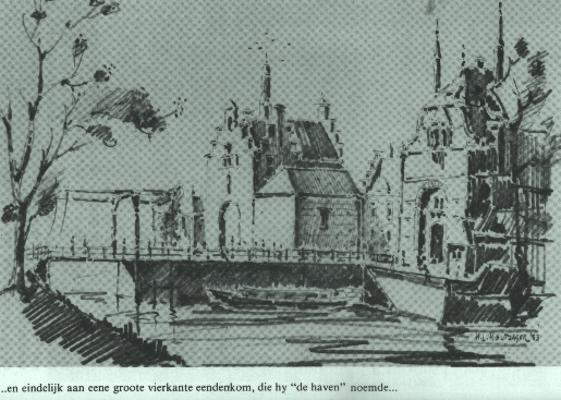 ...en eindelijk aan eene grote vierkante eendenkom, die hy "de
haven" noemde...