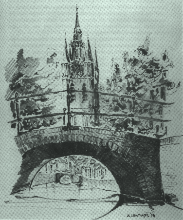 't welk hy zeide "de kerk" te wezen; als ook omtrent
een breede streep groenkleurig vocht tusschen twee hooge gemetselde wallen, 't
welk hy verklaarde "de gracht" te zijn...