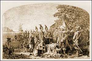 From a 1926 publication entitled "A Tribute To The Settlement of Manhattan Island", an illustration which caption reads, "The Treaty Between Gov. Minuit and the Aborigines for the Sale Of Manhattan Island in 1626."