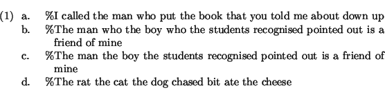 \ex.
\a. \%I called the man who put the book that you told me about down up
\b. ...
...s a friend
of mine
\d. \%The rat the cat the dog chased bit ate the cheese
\par