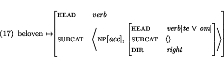 \enumsentence{
beloven $\mapsto$\begin{avm}
\begin{displaymath}head & verb\\
...
...subcat & \<\> \\
dir & right \end{displaymath}\>
\end{displaymath}\end{avm}}