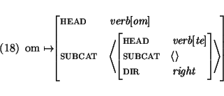 \enumsentence{
om $\mapsto$\begin{avm}
\begin{displaymath}
head & verb$[$om$]$\\...
...bcat & \<\> \\
dir & right \end{displaymath} \>
\end{displaymath}
\end{avm}}