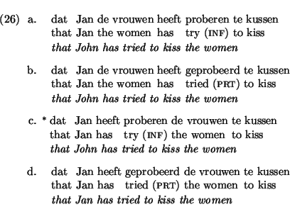 \eenumsentence{
\item \hspace{8pt}\shortex{6}
{ dat & Jan & de vrouwen & heeft &...
...({\sc prt}) & the women & to kiss}
{\em that Jan has tried to kiss the women}
}