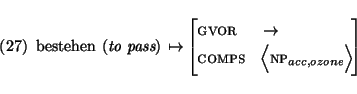 \enumsentence{
\begin{avm}\mbox{\rm bestehen ({\em to pass})} $\mapsto$ \begin{d...
...rightarrow$\ \\
comps & \< np$_{acc, ozone}$\ \> \end{displaymath} \end{avm}}