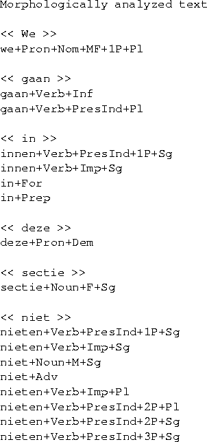 \begin{figure}
\begin{verbatim}Merk merk +NOUN
op op +PTKVA
dat dat +RELSUB
een ...
...INF
van van +PREP
de de +ART
stem stem +NOUN
. . +SENT\end{verbatim}\end{figure}
