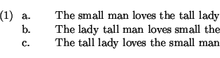 \ex.
\a.
The small man loves the tall lady
\b. The lady tall man loves small the
\c.
The tall lady loves the small man
\par