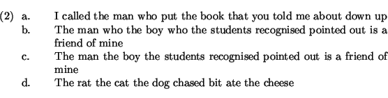 \ex.
\a. I called the man who put the book that you told me about down up
\b. Th...
... is a friend
of mine
\d. The rat the cat the dog chased bit ate the cheese
\par