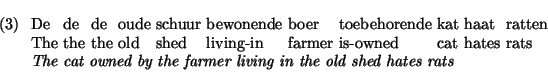 \exg. De de de oude schuur bewonende boer toebehorende kat haat ratten\\
The t...
...rats\\
{\em The cat owned by the farmer living in the old shed hates rats}
\par