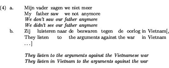 \ex.\ag.
Mijn vader zagen we niet meer\\
My father saw we not anymore\\
{\em W...
...amese war}\\
{\em They listen in Vietnam to the arguments against the war}
\par