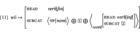 \enumsentence{
wil
\begin{avm}
$\mapsto$ \begin{displaymath}head & verb$[$fin$...
...rb$[$inf$]$} \\
subcat \@1 \end{displaymath}} \>
\end{displaymath}\end{avm}}