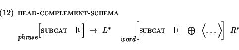 \enumsentence{
{\sc head-complement-schema}
\par\begin{avm}
\sort{phrase}{\begin...
...math}subcat & \@1 $~\bigoplus~$\ \<\dots\> \end{displaymath}} ~ $R^*$\end{avm}}