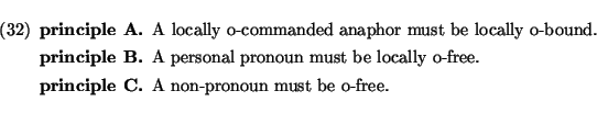 \enumsentence{
\begin{description}
\item[principle A.] A locally o-commanded ana...
...ly o-free.
\item[principle C.] A non-pronoun must be o-free.
\end{description}}