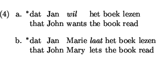 \eenumsentence{
\item $^*$\shortexnt{5}
{dat & Jan & {\em wil} & het boek & leze...
... {\em laat} & het boek & lezen}
{that & John & Mary & lets & the book & read}
}