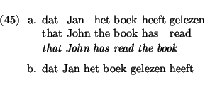 \eenumsentence{
\item \shortex{5}
{dat & Jan & het boek & heeft & gelezen}
{th...
...read}
{\em that John has read the book}
\item dat Jan het boek gelezen heeft
}