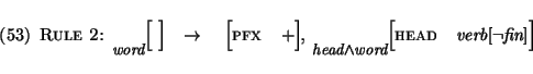 \enumsentence{
{\sc Rule 2:}
\begin{avm}
\sort{word}{\begin{displaymath}~ \end{...
...}{\begin{displaymath}head & verb$[\neg$fin$]$\\
\end{displaymath}}
\end{avm}}
