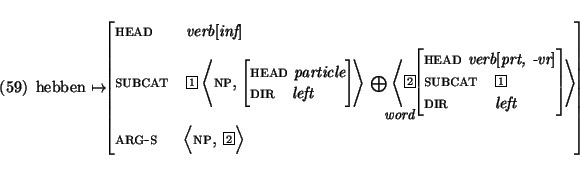 \enumsentence{
hebben $\mapsto$\begin{avm}
\begin{displaymath}head & verb$[$inf$...
...th}} \> \\
arg-s & \< \mbox{\sc np}, \@2 \> \\
\end{displaymath} \end{avm}}
