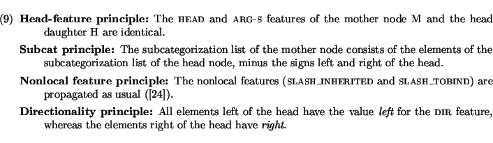 \enumsentence{
\begin{description}
\item[Head-feature principle:] The {\sc head}...
...e, whereas the elements
right of the head have {\em right}.
\end{description}}