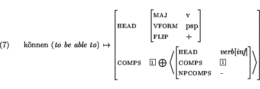 \ex.
\begin{avm}
{\rm k\uml onnen }({\em to be able to}) $\mapsto$ \avmjprolog[...
...\
comps & \@1 \\
npcomps & -
\avmjpostlog] \>
\avmjpostlog]
\end{avm}\par