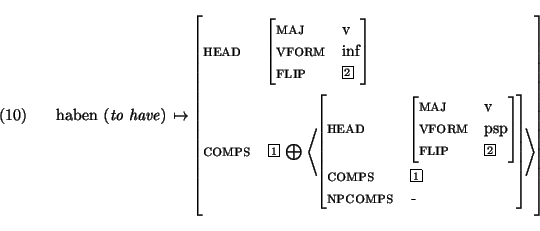 \ex.
\begin{avm}
{\rm haben }({\em to have}) $\mapsto$ \avmjprolog[ head & \avm...
...\
comps & \@1 \\
npcomps & -
\avmjpostlog] \>
\avmjpostlog]
\end{avm}\par