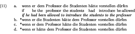 \ex.
\ag.
wenn er dem Professor die Studenten h\uml atte vorstellen d\uml urfen\...
...\d. *wenn er h\uml atte dem Professor die Studenten vorstellen
d\uml urfen
\par