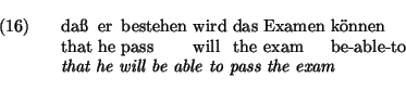 \exg.
da{\ss} er bestehen wird das Examen k\uml onnen\\
that he pass will the exam be-able-to\\
{\em that he will be able to pass the exam}
\par