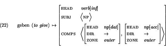 \ex.
\begin{avm}
{\rm geben} ({\em to give}) $\mapsto$ \avmjprolog[ head & ver...
...\rightarrow$\ \\
zone & outer \avmjpostlog]
\>
\avmjpostlog]
\end{avm}\par