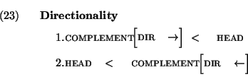 \ex.
{\bf Directionality}
\begin{enumerate}
\item
\begin{avm}
complement\avmjpro...
...ment\avmjprolog[ dir & $\leftarrow$\ \avmjpostlog]
\end{avm}\end{enumerate}\par