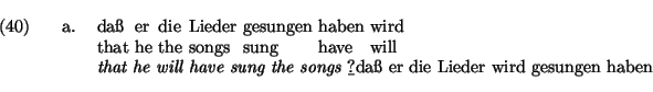 \ex.
\ag.
da{\ss} er die Lieder gesungen haben wird\\
that he the songs sung ha...
... he will have sung the songs}
\b ?da{\ss} er die Lieder wird gesungen haben
\par