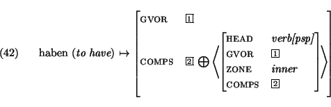 \ex.
\begin{avm}\mbox{\rm haben ({\em to have})} $\mapsto$ \avmjprolog[ gvor & \...
...
zone & inner \\
comps & \@2 \avmjpostlog]
\> \avmjpostlog]
\end{avm}\par