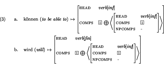 \ex.
\a. \begin{avm}
{\rm k\uml onnen }({\em to be able to}) $\mapsto$ \avmjpro...
...\\
comps & \@1 \\
npcomps & -
\avmjpostlog]\>
\avmjpostlog]
\end{avm}\par