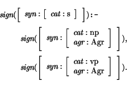 \prn\pred
\head{\mbox{\it sign}(\avm{ \mbox{\it syn} : \avm{ \mbox{\it cat} : \m...
...{\it cat} : \mbox{\rm vp} \\ \mbox{\it agr} : \mbox{\rm Agr} } }).}
\epred\eprn