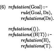 \pr
\pred
\head{\mbox{\it refutation}(\mbox{\rm Goal}) \mbox{\tt :-}}
\body{ \mb...
...ation}(\mbox{\rm H}),}
\body{ \mbox{\it refutations}(\mbox{\rm T}).}
\epred\epr
