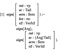 \pr
\pred\head{
\mbox{\it sign}(\avm{ \mbox{\it cat}: \mbox{\rm vp} \\
\mbox...
...x{\it sem}: \mbox{\rm Sem} \\
\mbox{\it v2}: \mbox{\rm Verb2} }).} \epred\epr