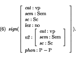 \pr\pred
\head{\mbox{\it sign}(\avm{
\mbox{\it cat}: \mbox{\rm vp}\\
\mbox{\i...
...\mbox{\rm Sc} }\\
\mbox{\it phon}: \mbox{\rm P} - \mbox{\rm P}
}).}
\epred\epr