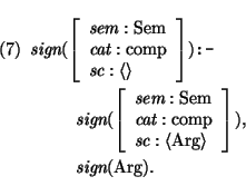 \pr
\pred
\head{
\mbox{\it sign}(\avm{ \mbox{\it sem}: \mbox{\rm Sem}\\
\mbox{...
...\mbox{\rm Arg} \rangle
} ),}
\body{\mbox{\it sign}(\mbox{\rm Arg}).}
\epred\epr