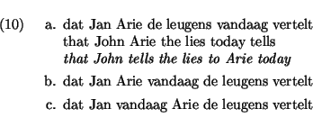 \begin{exams}
\item \begin{flushleft}
dat Jan Arie de leugens vandaag vertelt\\ ...
...aag de leugens vertelt
\item dat Jan vandaag Arie de leugens vertelt
\end{exams}