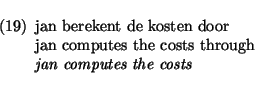 \begin{exam}
\begin{flushleft}
jan berekent de kosten door \\
jan computes the costs through\\
{\it jan computes the costs}
\end{flushleft}\end{exam}