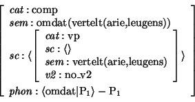 \begin{displaymath}
\avm{ \mbox{\it cat}: \mbox{\rm comp}\\ \mbox{\it sem}: \mbo...
...\rm omdat} \vert \mbox{\rm P}_{1} \rangle - \mbox{\rm P}_{1} }
\end{displaymath}