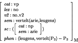 \begin{displaymath}
\avm[\mbox{\rm M}]{
\mbox{\it cat}: \mbox{\rm vp} \\
\mbox...
...rm vertelt}\vert \mbox{\rm P}_{3} \rangle - \mbox{\rm P}_{3}
}
\end{displaymath}