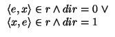 $\displaystyle \begin{array}{l}
\langle e,x \rangle \in r \wedge dir=0 ~\vee \\
\langle x,e \rangle \in r \wedge dir=1
\end{array}$