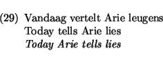 \begin{exam}
\begin{flushleft}
Vandaag vertelt Arie leugens\\
Today tells Arie lies\\
{\it Today Arie tells lies}
\end{flushleft}\end{exam}