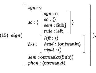 \pr\pred\head{sign(\avm{
\mbox{\it syn}: \mbox{\rm v}\\
\mbox{\it sc}: \langl...
...Subj}$)}\\
\mbox{\it phon}: \langle \mbox{\rm ontwaakt}\rangle
}).}
\epred\epr