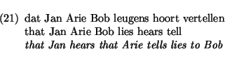 \begin{exam}
\begin{flushleft}
dat Jan Arie Bob leugens hoort vertellen\\
that ...
...ll\\
{\it that Jan hears that Arie tells lies to Bob}
\end{flushleft}\end{exam}