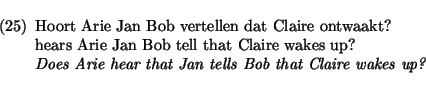 \begin{exam}
\begin{flushleft}
Hoort Arie Jan Bob vertellen dat Claire ontwaakt?...
...es Arie hear that Jan tells Bob that Claire wakes up?}
\end{flushleft}\end{exam}