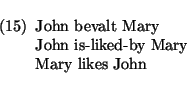 \begin{exam}
\begin{flushleft}
John bevalt Mary\\
John is-liked-by Mary\\
Mary likes John
\end{flushleft}\end{exam}