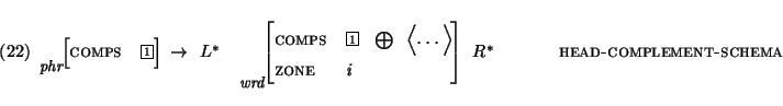 \enumsentence{
\begin{avm}
\sort{phr}{\begin{displaymath}comps & \@1 \end{displa...
...e &
i \end{displaymath}} ~ $R^*$\end{avm}\hfill {\sc head-complement-schema}
}